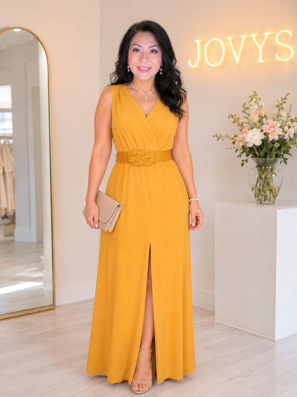 Kasper Mustard Yellow V-Neck Maxi Dress with Braided Waist